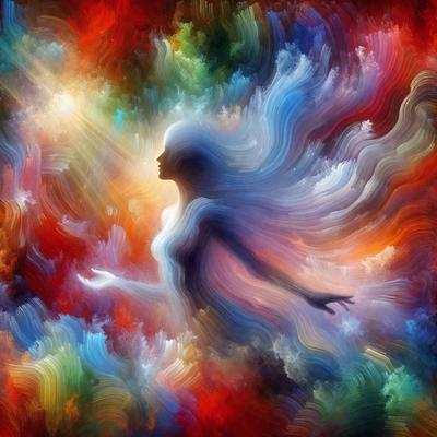 The primary subject of the image is a woman, who is the main focus of the scene. She is depicted in a colorful, abstract setting, with a mix of red, blue, and yellow colors. The visual style of the image is digital art, as it appears to be a painting or drawing created using digital tools. The woman's pose and the vibrant colors evoke a sense of energy and movement, creating a dynamic and lively atmosphere.